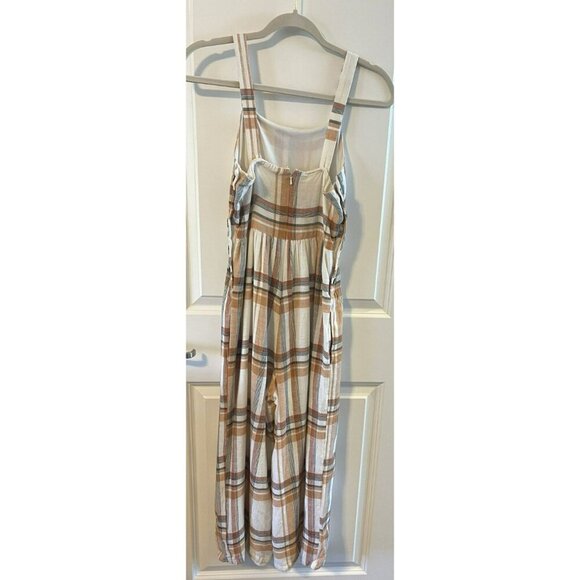 American Eagle Womens Linen Blend cropped Jumper Romper Sz 0 Ivory Plaid Straps - Picture 2 of 9